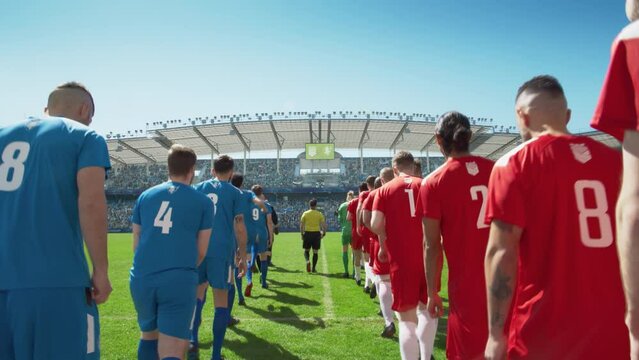 Football Championship Match, Crowds of Fans Cheer: Two Professional Soccer Teams Enter Stadium Where they Will Compete for Champion Status. Start of the Major League International Cup Tournament