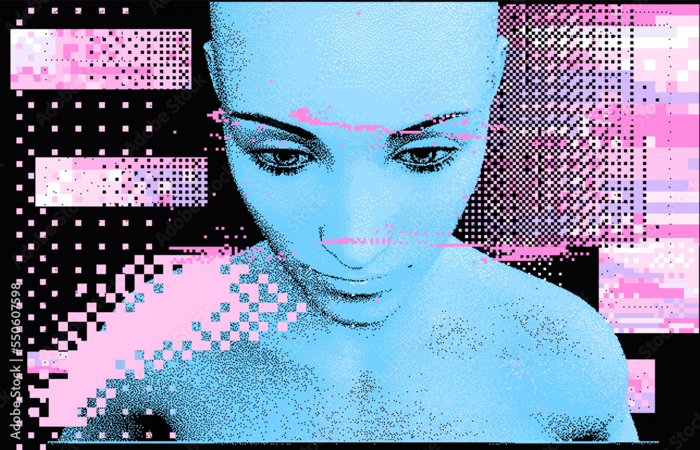 Poster 3D bald woman on a glitched and pixelated background. Concept of an artificial intelligence and machine learning.