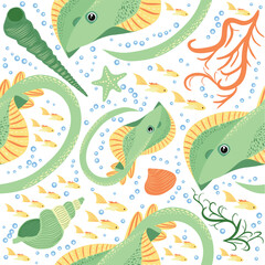 Batomorphi sea life, fish, animals bright seamless pattern. sea travel, snorkeling with animals, tropical fish