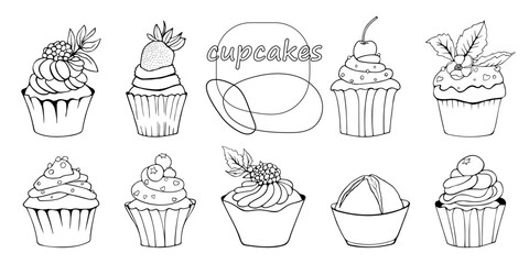 vector set of 9 different hand drawn cupcakes