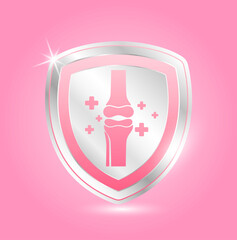 Bone icon inside shield aluminum pink. Protect help heal arthritis knee joint stay healthy. For nutrition product. 3D Vector.