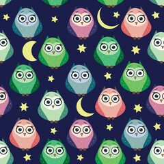 Cute multicolored owls at night with stars, clouds and moon. Seamless pattern in cartoon style, childish seamless pattern, newborn.