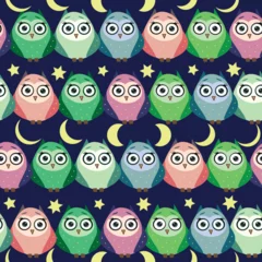 Fotobehang Cute multicolored owls at night with stars, clouds and moon. Seamless pattern in cartoon style, childish seamless pattern, newborn. © MichiruKayo
