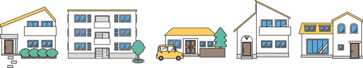 Obraz na płótnie Canvas シンプルな住宅のセットイラスト（Iタイプ）