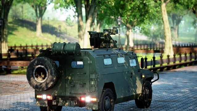 armored military car in big city
