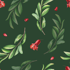Watercolor seamless pattern with pomegranate seeds and flowers and leafs. Hand drawn realistic tasty garnet isolated on dark green background