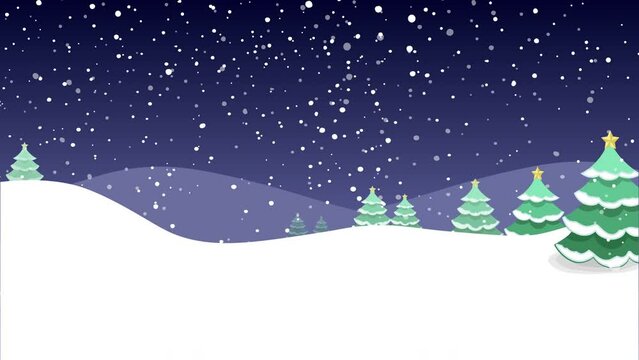 Animated Evening Natural snowing landscape with snow on the ground and Christmas trees covered with snow Background Template Design for Christmas and New Year. Snowfall Natural animated view.