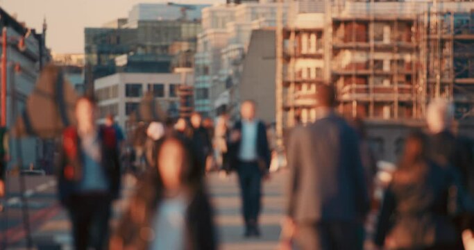 Crowd, blurred background and people commute in a city or travel to work in the morning. Group, pedestrian and public bridge for crossing in the morning journey while community in an urban town