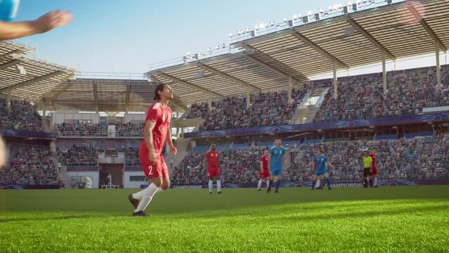 Soccer Football Championship on Professional Stadium: Red Team Player Receives Pass, Does Chest Trap, Forward Leads His Team to Victory. Cup Tournament. Cinematic Slow Motion
