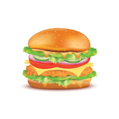 Chicken burger fast food isolated on a white background. Realistic 3D Vector EPS10 illustration.