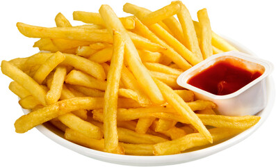 French Fries On Plate And Ketchup - Isolated