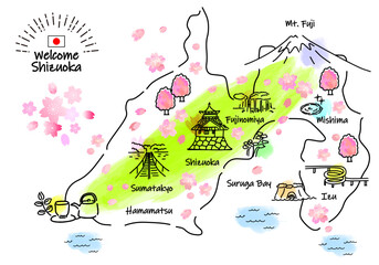 春の静岡県の観光地のシンプル線画イラストマップ（緑）