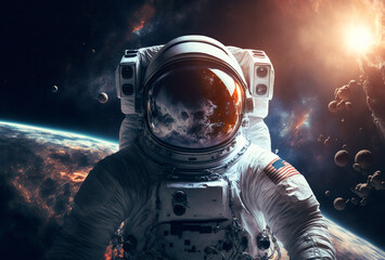 Astronaut floating alone in the void of space, Astronaut at spacewalk, Science fiction wallpaper 3D Illustration - obrazy, fototapety, plakaty