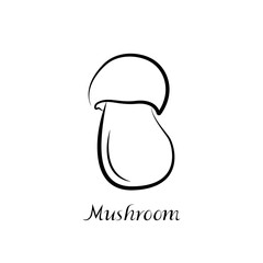 Vector illustration of mushroom. Natural print isolated on white background. Black silhouette outline with inscription, description.