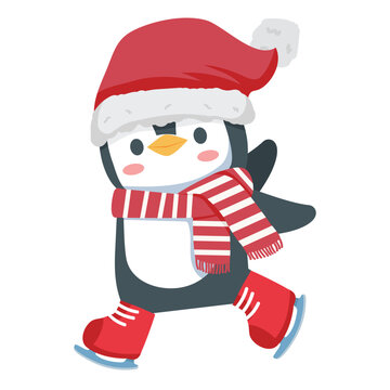 penguin with scarf  ice skating vector