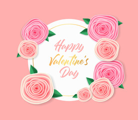 Happy Valentine's Day, realistic rose, pink banner, love card, wedding invitation, paper flower, sale background vector illustration