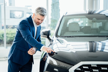 Fototapeta na wymiar Mature grey hair beard businessman meticulously examining, check the polish of car at the dealership. People and automobile transportation love concept.