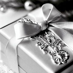 silver gift box with ribbon
