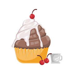 cup cake with cherry and white cream. food, bakery shop, cooking, dessert, cookies. Isolated Vector illustrations for poster, banner, card, advertising. 