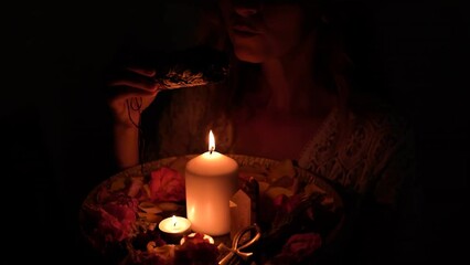 incense in a woman hand, incense smoke on a black background.