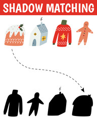 Christmas shadow matching activity for children. Winter puzzle with cute christmas objects. New Year educational game for kids. Find the correct silhouette printable worksheet.
