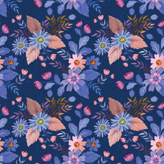 flowers on blue color background seamless pattern. Can be used for fabric textile wallpaper.