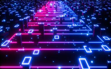 Glowing cubes and neon lines, neon tunnel and materials, 3d rendering.