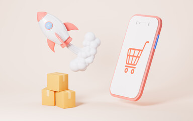 Rocket with boxes is ready to launch, Concept of the fast logistics and delivery, 3d rendering.