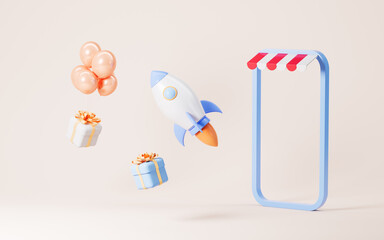 Rocket and gifts flying from phone, Shopping online , Fast Logistics and delivery concept, 3d rendering.