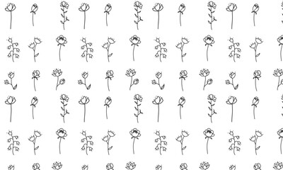 minimalistic seamless pattern with flowers and leaves in black and white colors