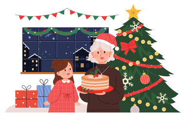 Granddaughter and grandmother enjoying Christmas. There are Christmas trees, cakes and presents. Christmas holiday concept vector illustration.