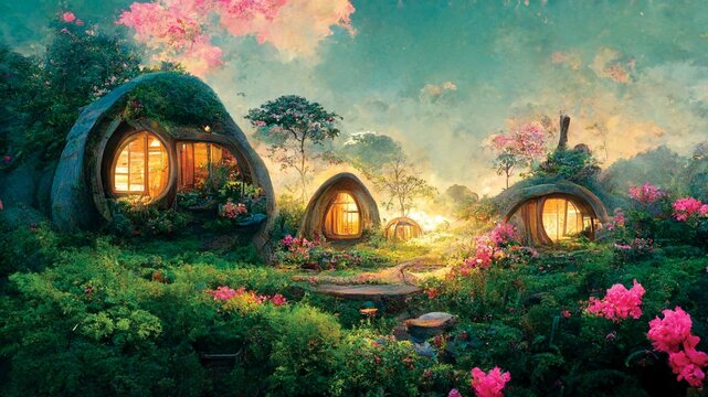 Fantasy landscape, capsul houses, nature scenery, digital illustration