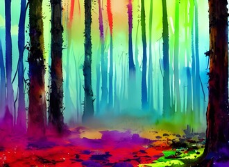 This is a beautiful watercolor painting of a forest scene. The leaves on the trees are different shades of green, and there are pops of yellow and red throughout. The sun is shining brightly through t