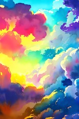I am looking at a beautiful watercolor painting of some colorful clouds. The sky is a deep blue, and the clouds are white and fluffy. Some of the clouds have hints of pink, purple, and orange. They ar