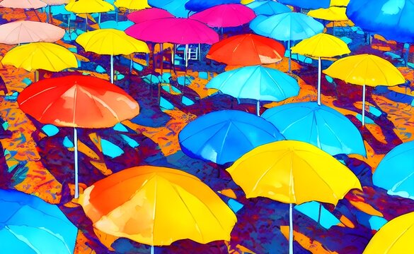 The sky is a deep blue and the sun is a bright orange. The ocean waves are crashing against the shore, and in the distance, there are colorful beach umbrellas watercolor.