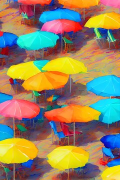 The sun is shining and the gentle waves crash against the shore. The umbrellas are a bright addition to the scene, providing pops of color against the blue sky and green water.