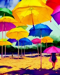 The colors in this painting are so bright and cheerful. The blue sky is the perfect background for the pretty umbrellas. It looks like a scene from a postcard.