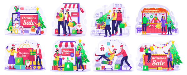 Set of Christmas Sale and Shopping concept illustration with People doing shopping on Christmas Day. Vector Illustration in Flat Style