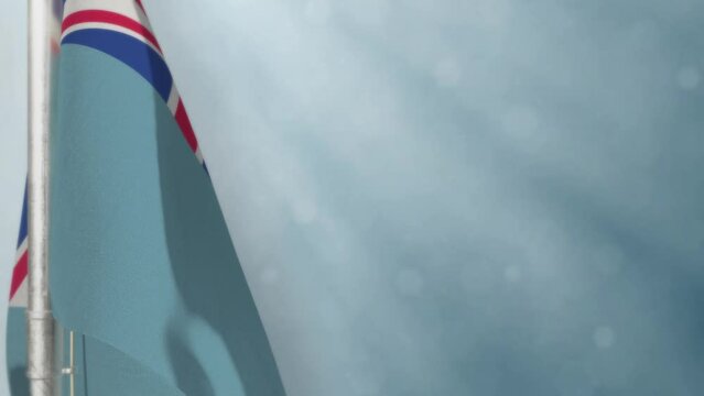 Waving Fiji flag on light blue bokeh backdrop