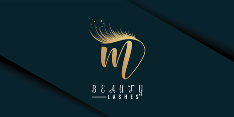 Beauty lashes logo with letter m  gold gradient premium vector - obrazy, fototapety, plakaty