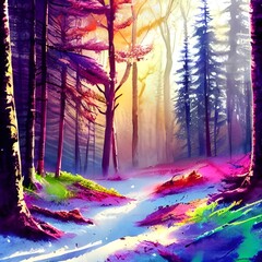 The forest is alive with color. Vibrant hues of red, orange, and yellow mix together to create a stunning landscape. The watercolor painting captures the beauty of nature in all its glory.