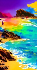 The beach watercolor is a beautiful painting. The colors are bright and vibrant, and they really pop against the white background. The scene is of a sandy beach with waves crashing onto the shore. The