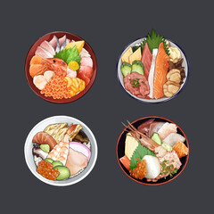 Sashimi raw fish seafood rice bowl - japanese food.  Hand drawn watercolor vector illustration