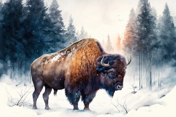 Bison in the forest. concept art