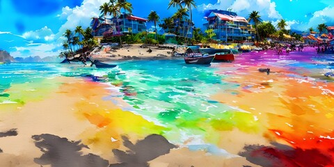 Fototapeta na wymiar The colorful beach watercolor is beautiful. The blue sky and ocean meet in the distance, while the brightly-colored flowers in the foreground add a touch of sweetness to the scene.