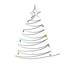 Line art christmas tree with colorful garland logo for christmas card, wrapping, giftcards. Simple minimalist style. 