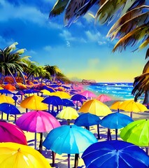 The sun is shining brightly and the waves are crashing onto the shore. The beach umbrellas are colorful and there is a blue sky.