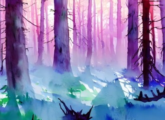This is a beautiful watercolor painting of a winter forest scene. The trees are tall and decorated with colorful lights, garlands, and bulbs. The snow on the ground is fresh and untouched. In the dist