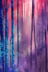 A colorful winter forest watercolor. The sky is a deep blue, the trees are different shades of green and brown, and the snow is a soft white. There are hints of pink and purple in the distance.