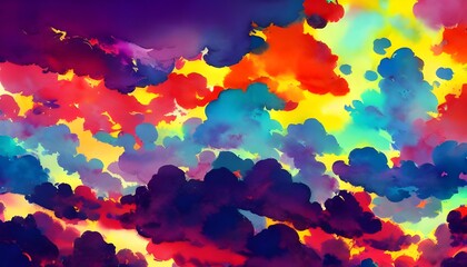 Fototapeta na wymiar I am looking at a beautiful watercolor painting of colorful clouds. The sky is a light blue color and the clouds are various shades of pink, purple, orange, and yellow. They look like they were hand-p
